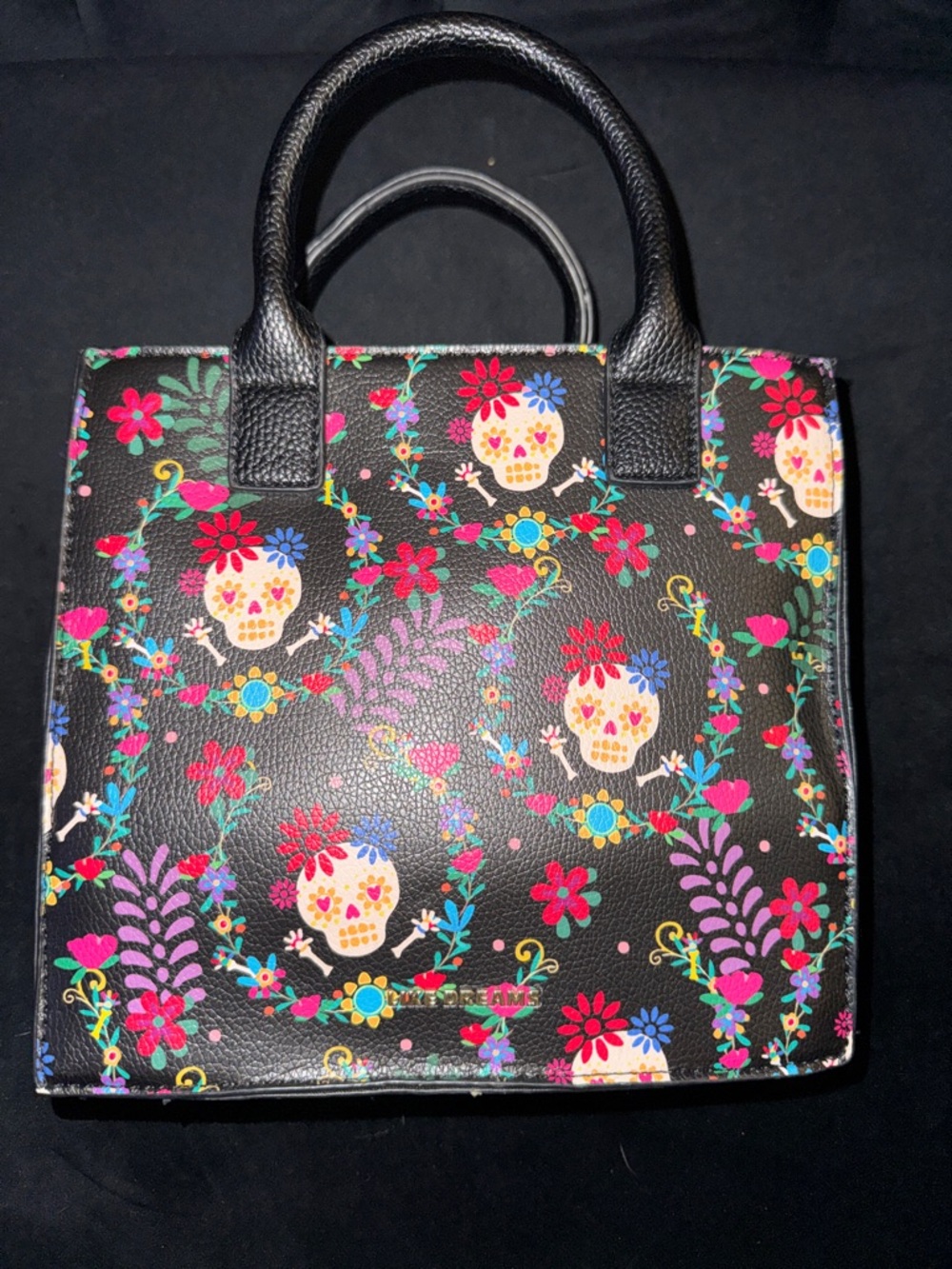 Floral Sugar Skull Black Satchel Handbag